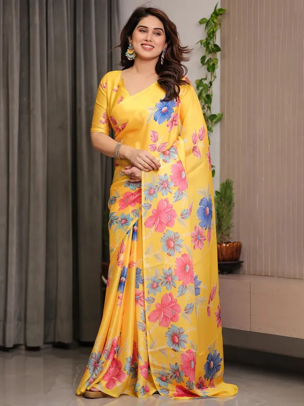 Yellow Floral Satin Saree with Unstitched Blouse by Varnavi