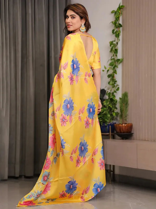 Yellow Floral Satin Saree with Unstitched Blouse by Varnavi
