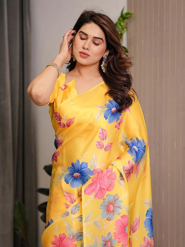 Yellow Floral Satin Saree with Unstitched Blouse by Varnavi