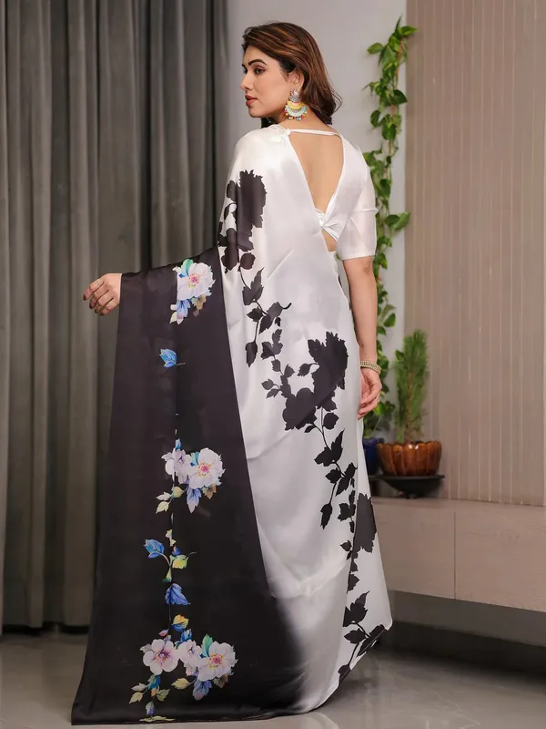Black Floral Satin Saree with Unstitched Blouse Varnavi