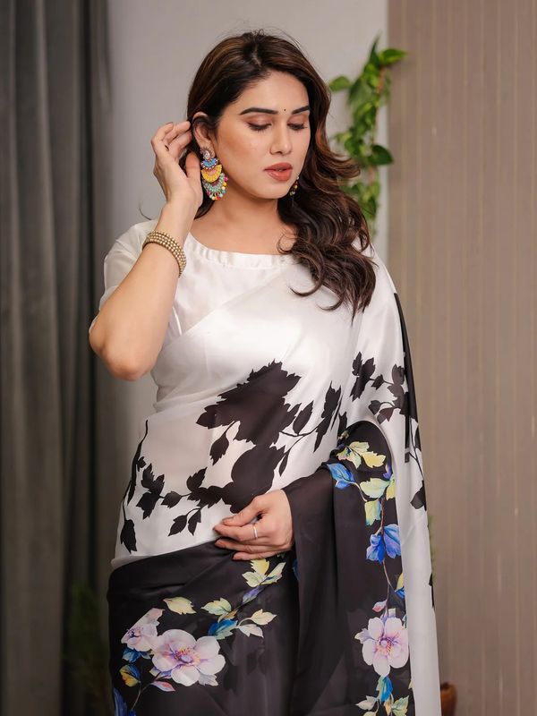 Black Floral Satin Saree with Unstitched Blouse Varnavi