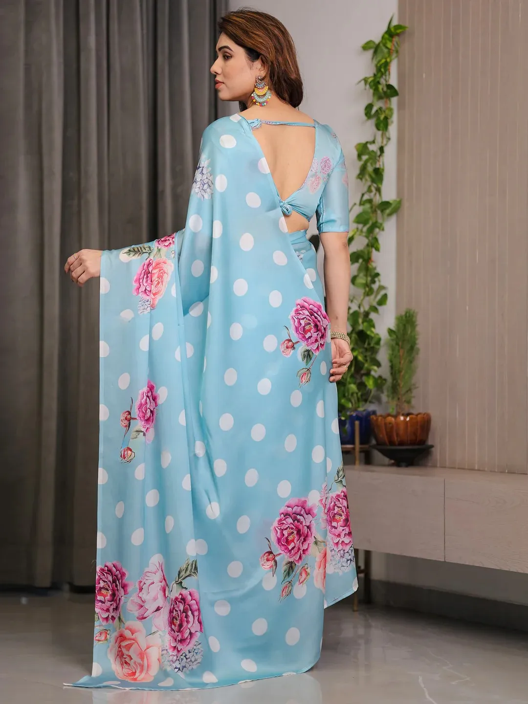 Blue Floral Satin Saree with Unstitched Blouse from Varnavi