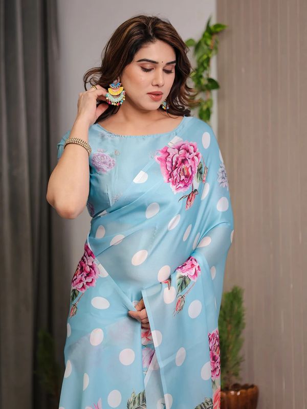 Blue Floral Satin Saree with Unstitched Blouse from Varnavi
