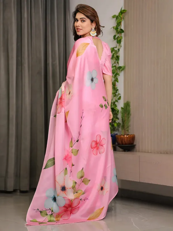 Pink Floral Satin Saree with Unstitched Blouse Varnavi.