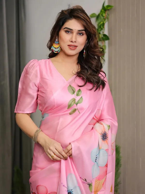 Pink Floral Satin Saree with Unstitched Blouse Varnavi.