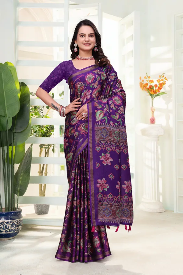 Purple Mal Cotton Printed Saree With Blouse - VARNAVI