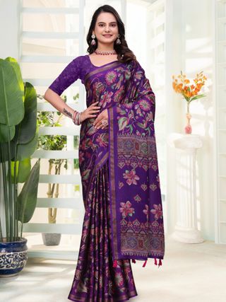 Purple Mal Cotton Printed Saree With Blouse - VARNAVI