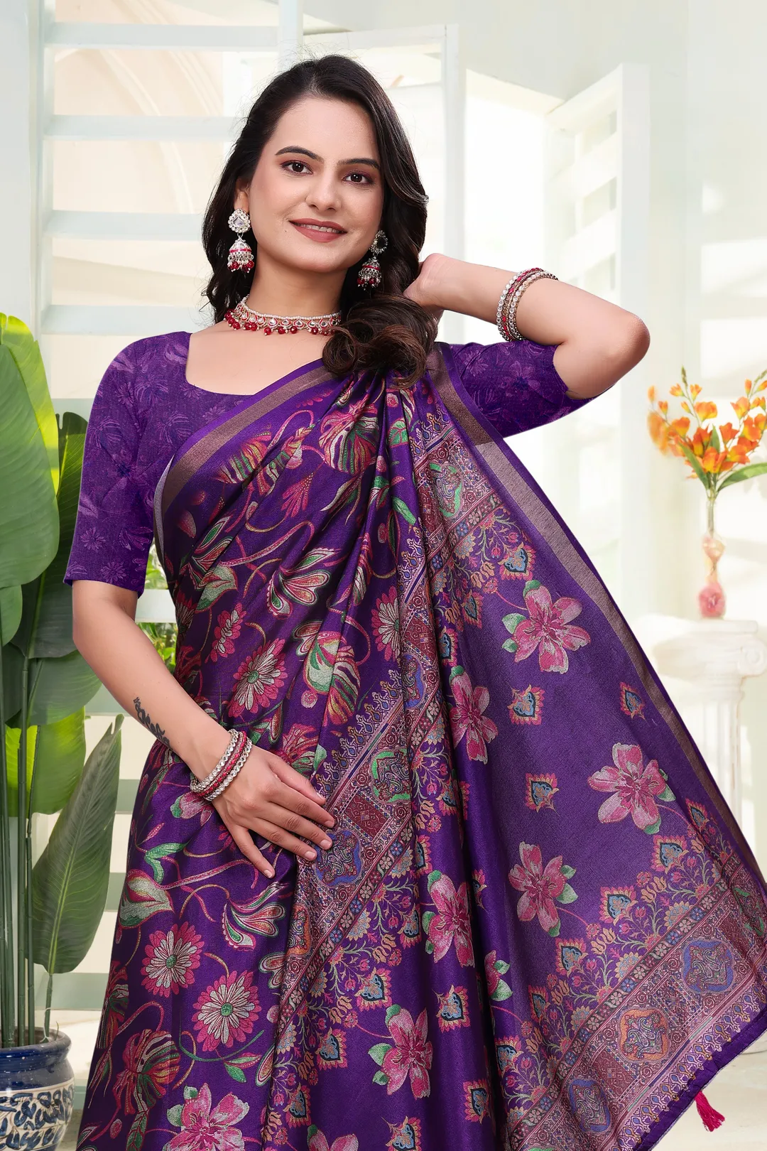 Purple Mal Cotton Printed Saree With Blouse - VARNAVI