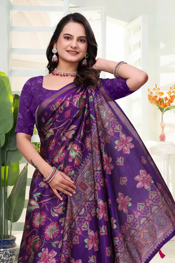 Purple Mal Cotton Printed Saree With Blouse - VARNAVI
