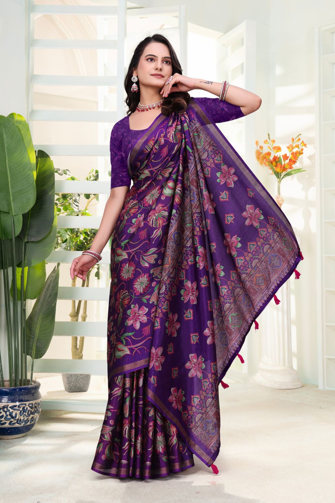Purple Mal Cotton Printed Saree With Blouse - VARNAVI