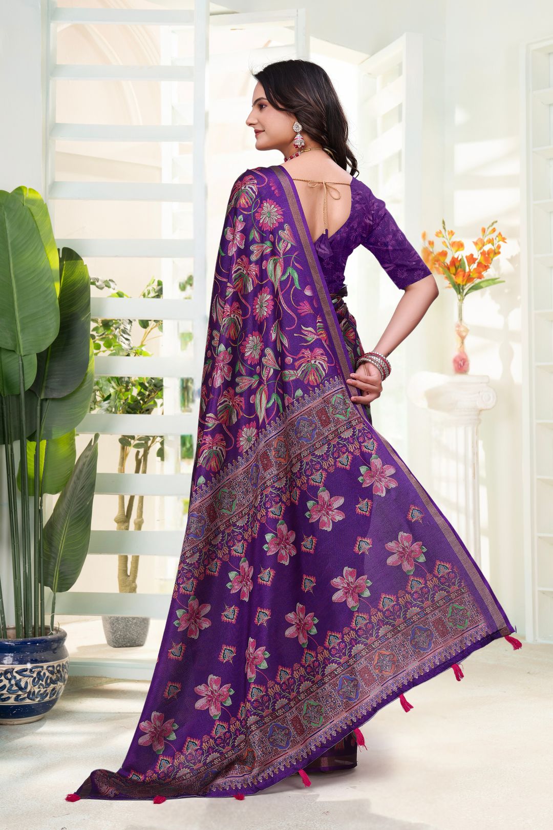 Purple Mal Cotton Printed Saree With Blouse - VARNAVI