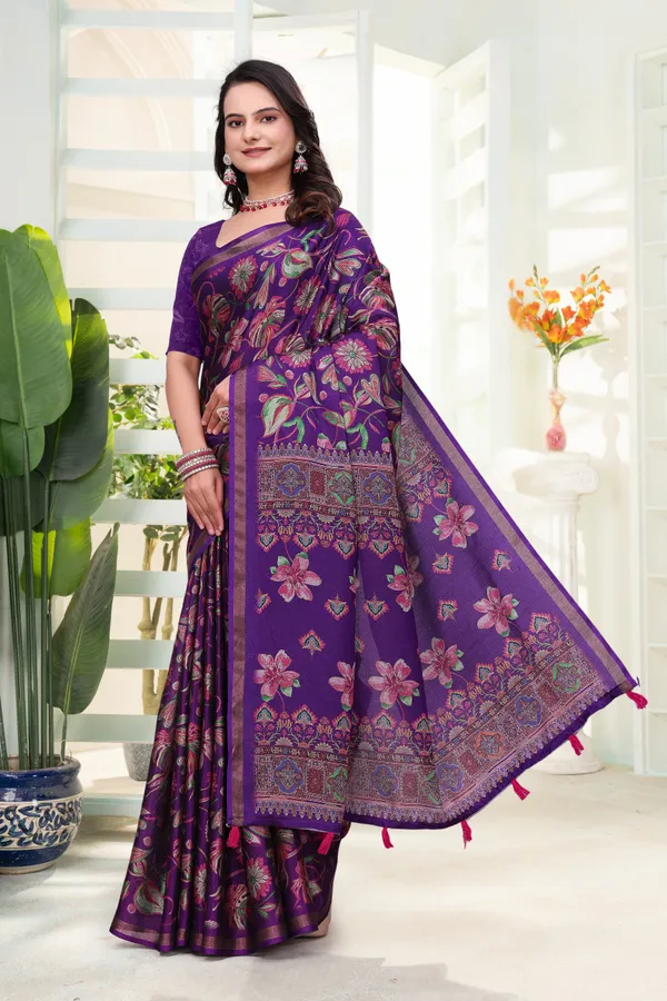 Purple Mal Cotton Printed Saree With Blouse - VARNAVI