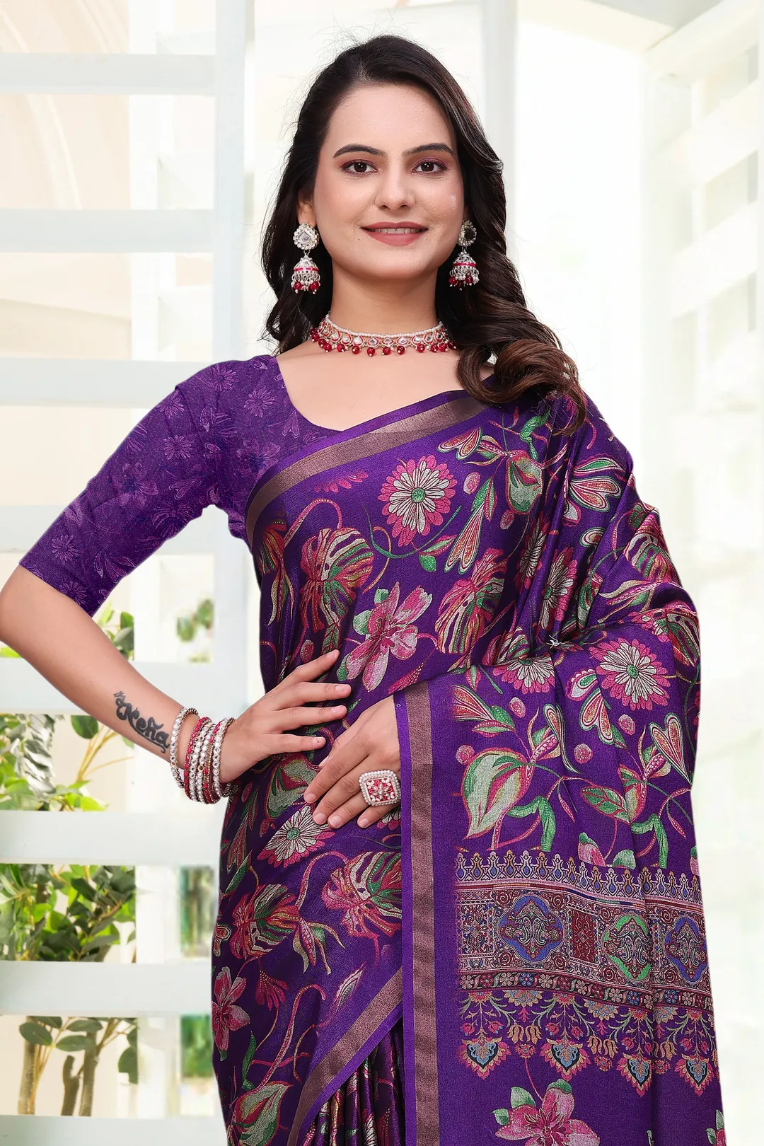Purple Mal Cotton Printed Saree With Blouse - VARNAVI