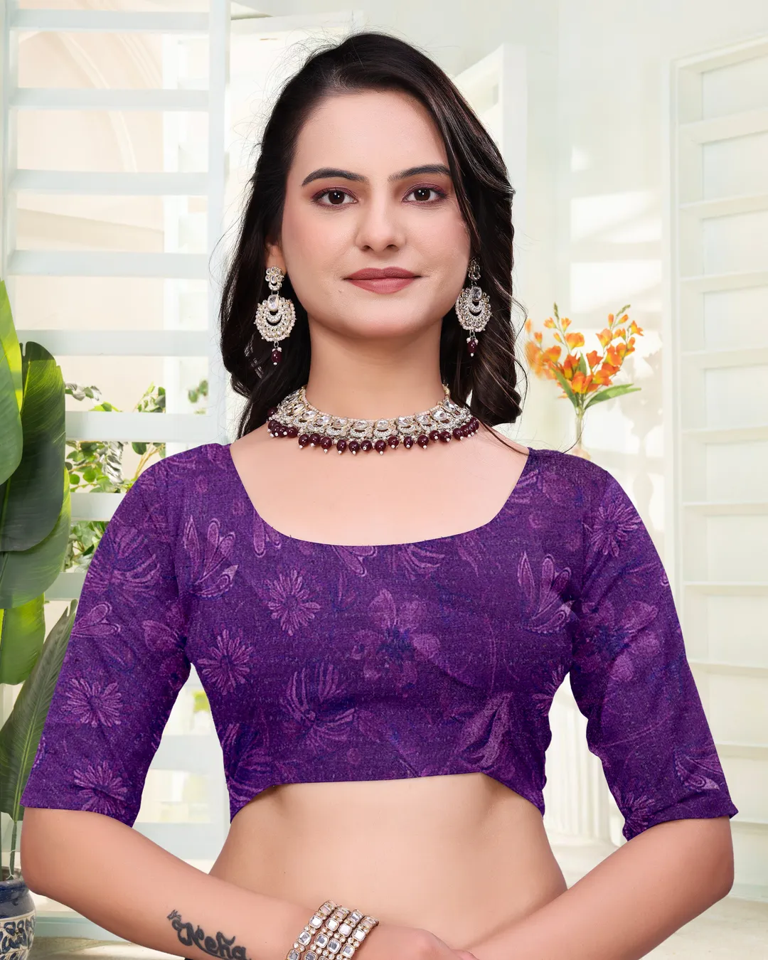 Purple Mal Cotton Printed Saree With Blouse - VARNAVI