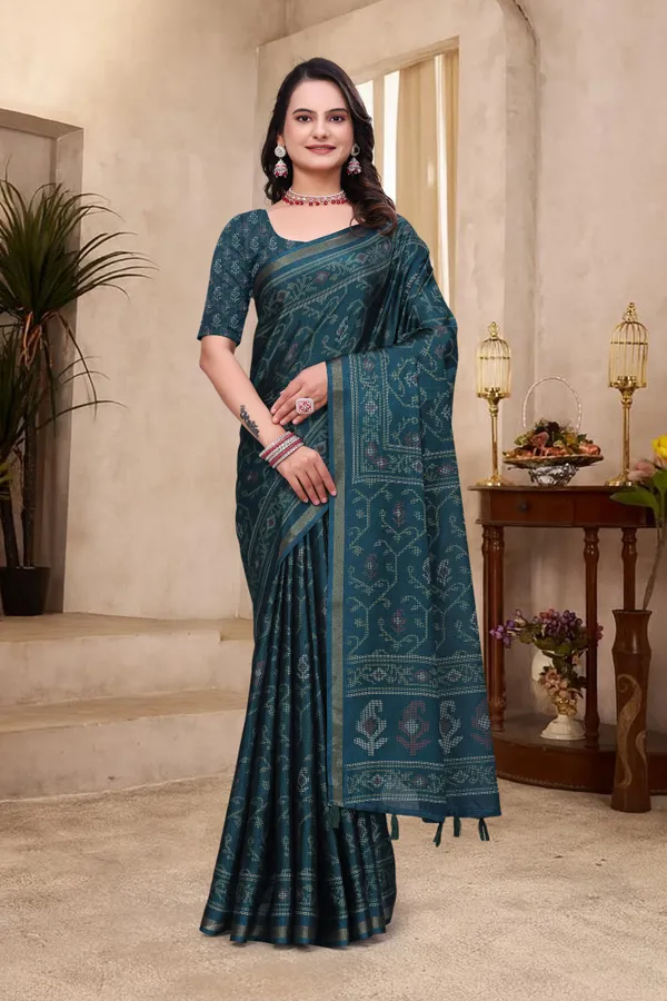 Teal Mal Cotton Woven Print Saree With Blouse - VARNAVI