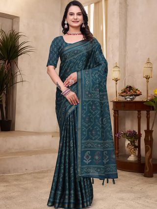 Teal Mal Cotton Woven Print Saree With Blouse - VARNAVI