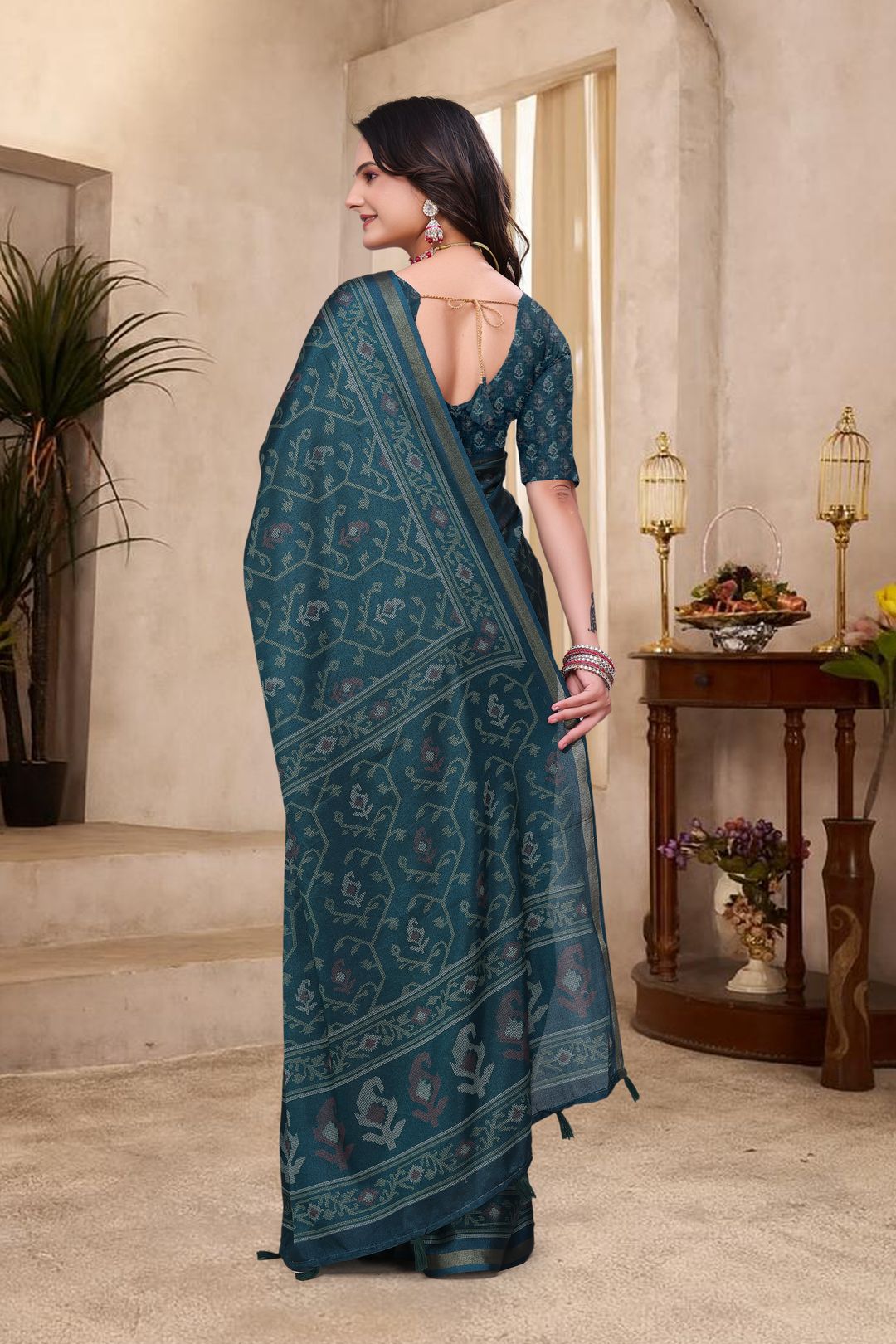Teal Mal Cotton Woven Print Saree With Blouse - VARNAVI