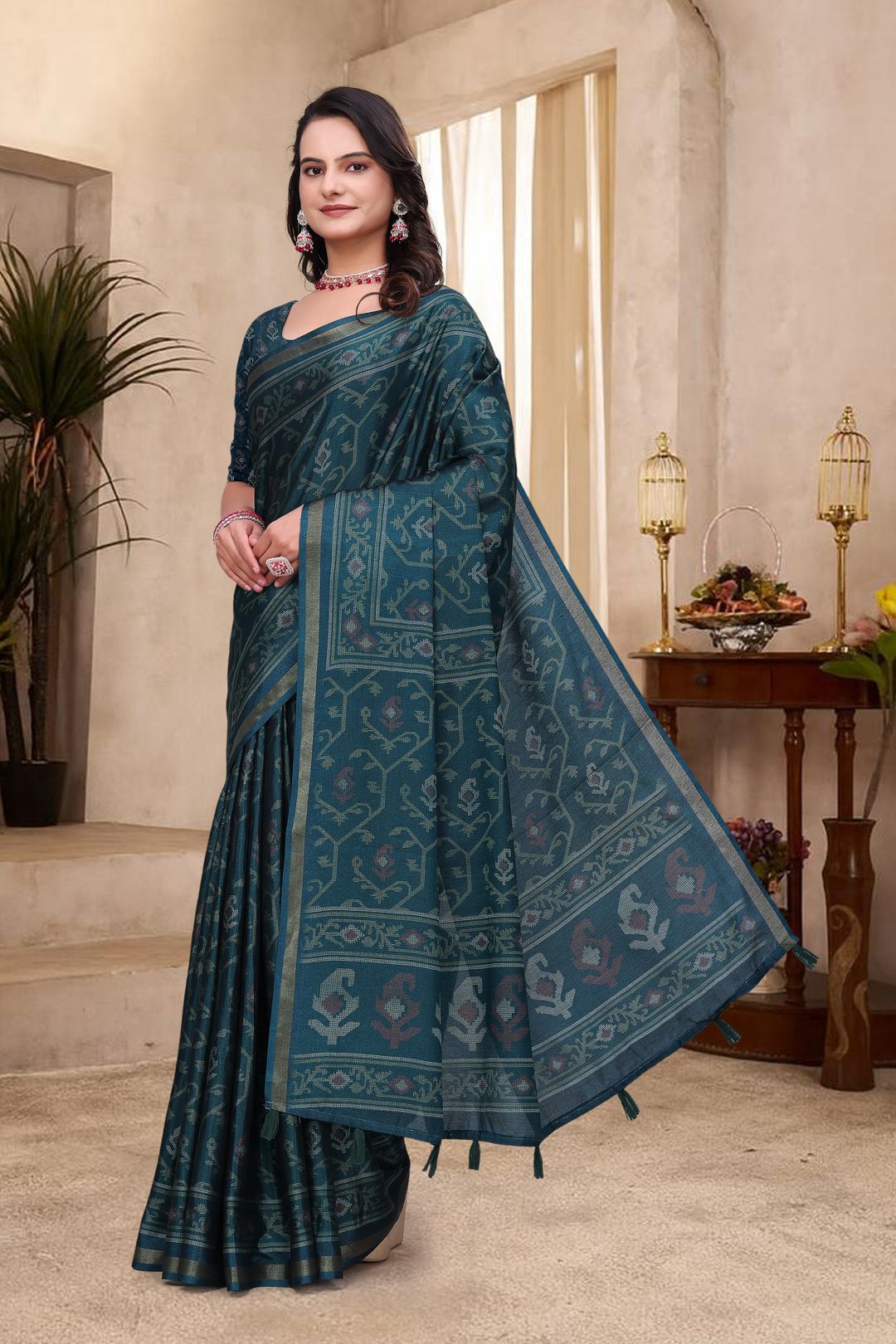 Teal Mal Cotton Woven Print Saree With Blouse - VARNAVI