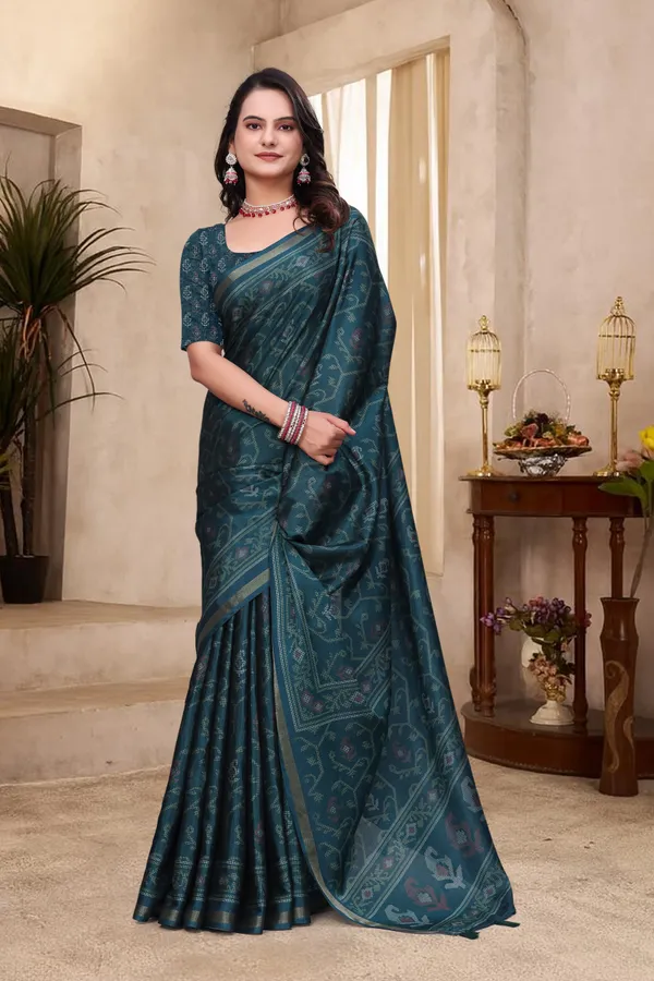 Teal Mal Cotton Woven Print Saree With Blouse - VARNAVI