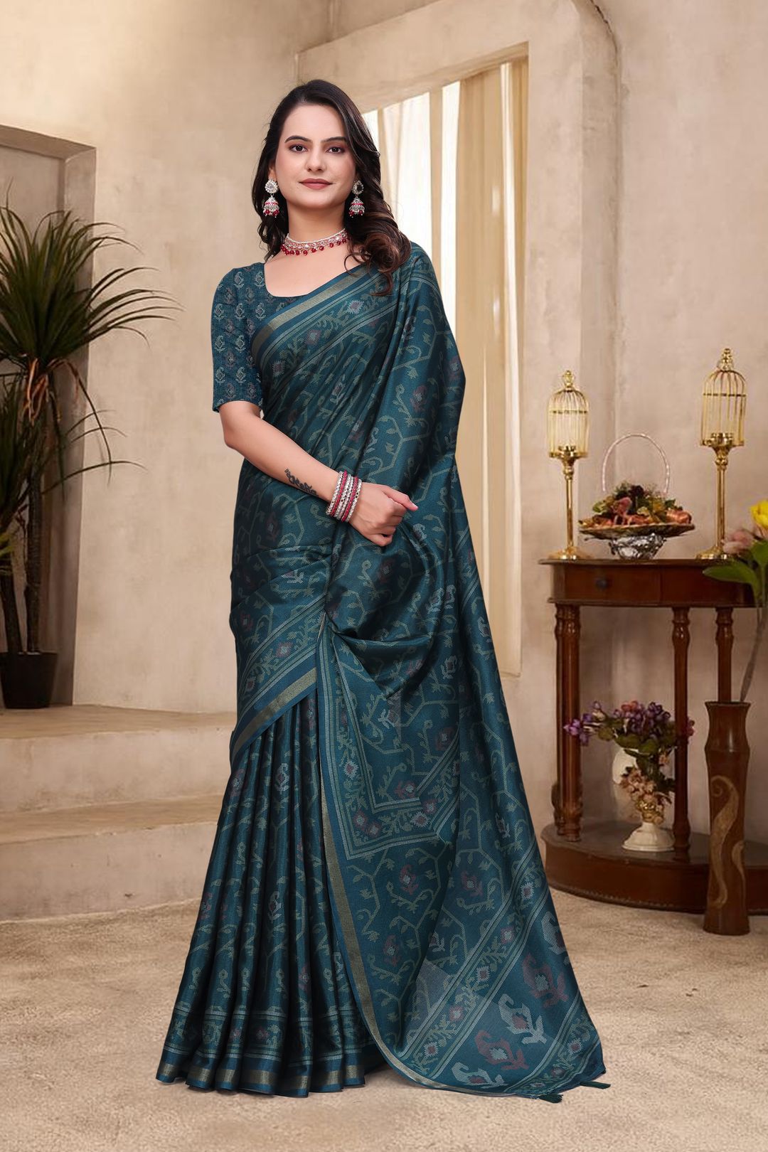 Teal Mal Cotton Woven Print Saree With Blouse - VARNAVI