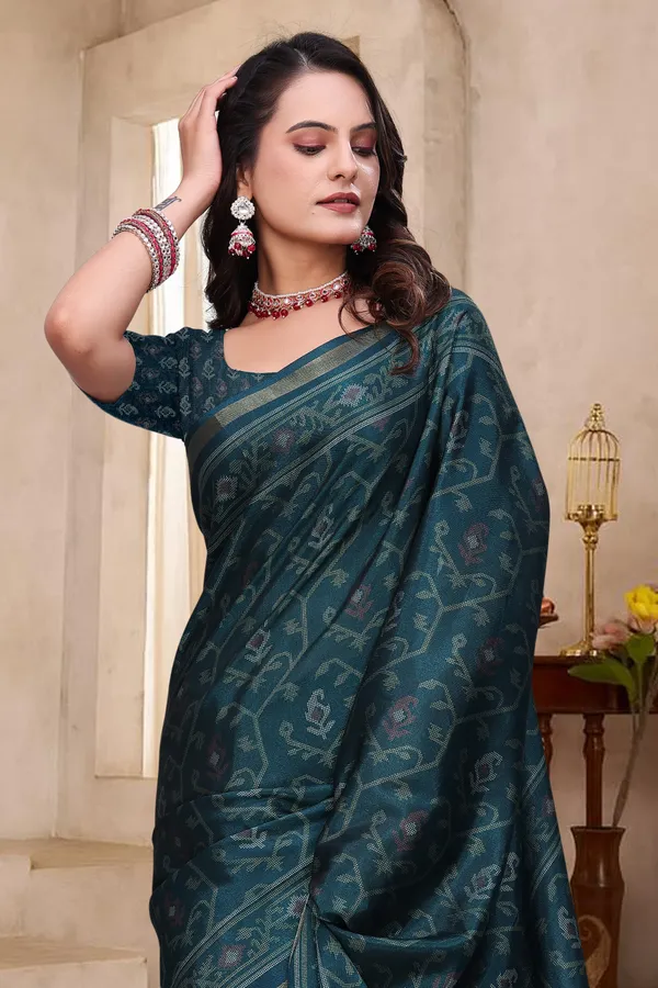Teal Mal Cotton Woven Print Saree With Blouse - VARNAVI