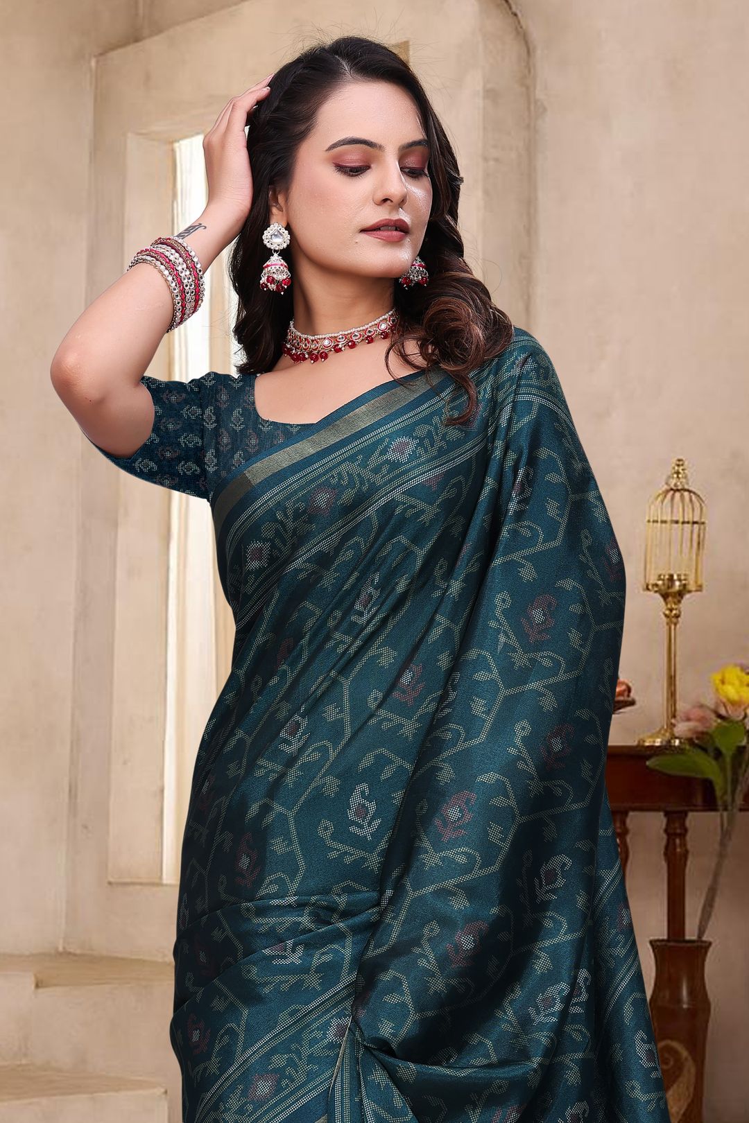 Teal Mal Cotton Woven Print Saree With Blouse - VARNAVI