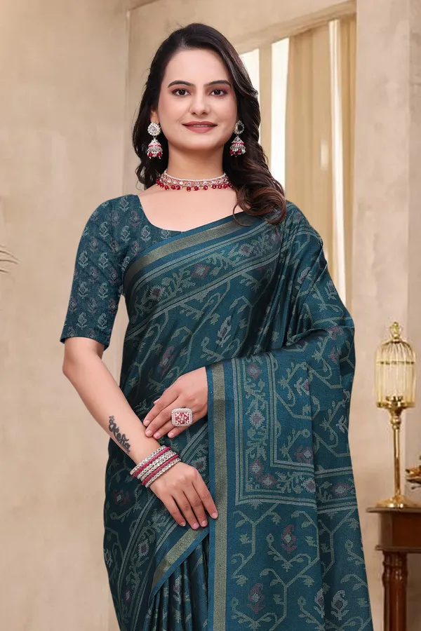 Teal Mal Cotton Woven Print Saree With Blouse - VARNAVI