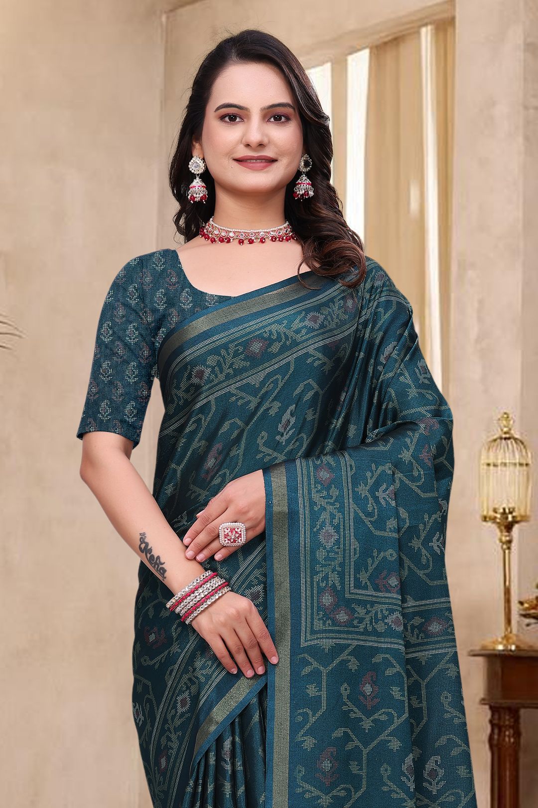 Teal Mal Cotton Woven Print Saree With Blouse - VARNAVI