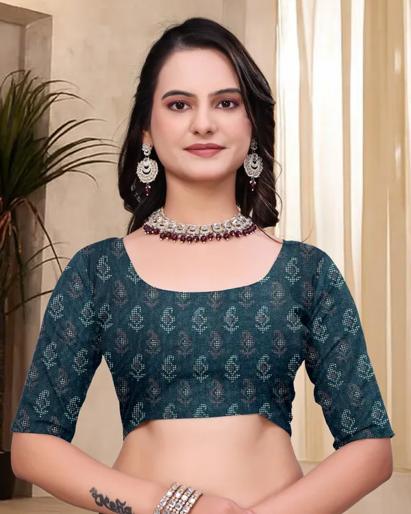 Teal Mal Cotton Woven Print Saree With Blouse - VARNAVI