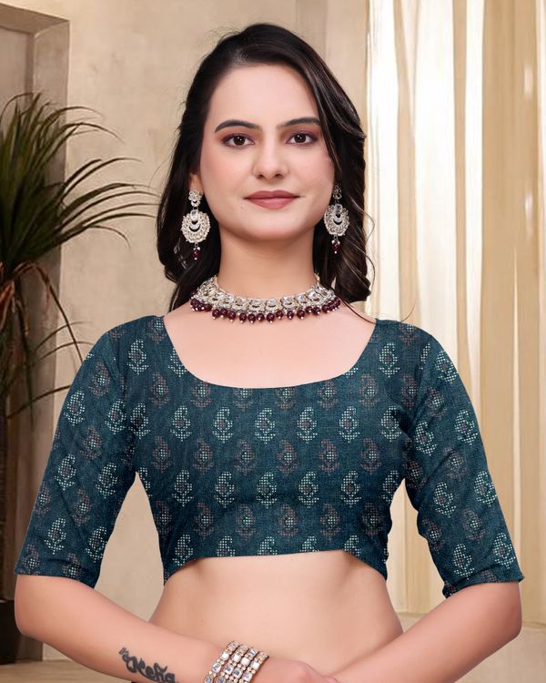 Teal Mal Cotton Woven Print Saree With Blouse - VARNAVI