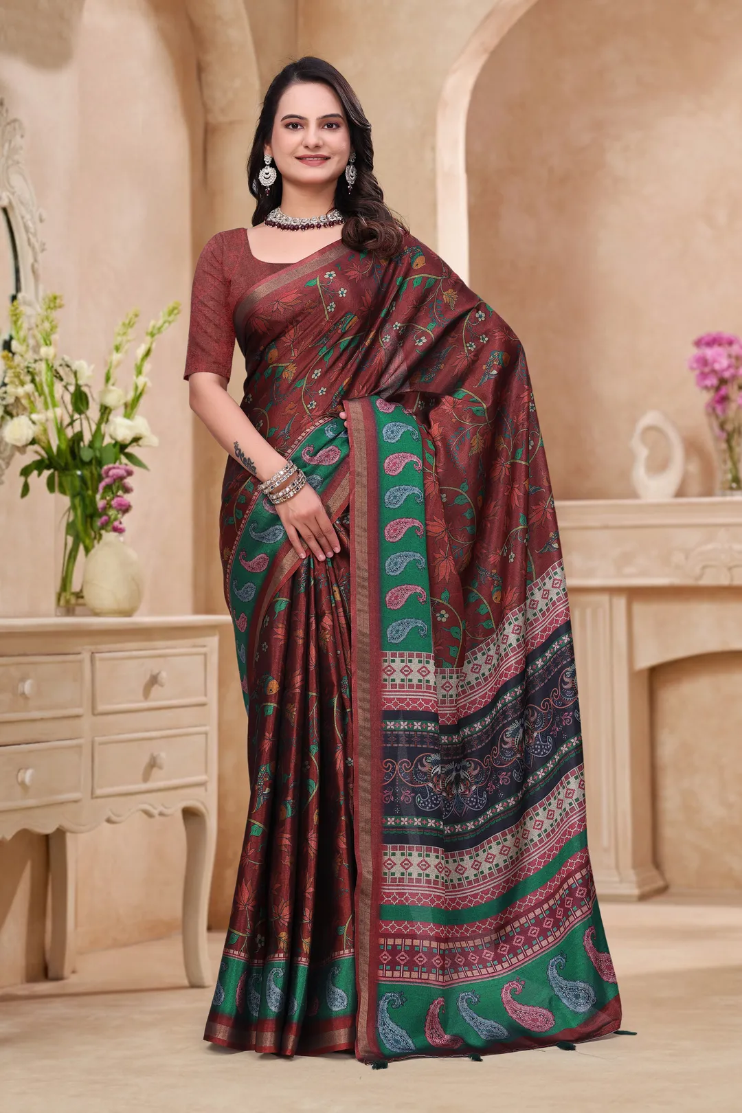 Maroon Floral Printed Mul Cotton Saree for Women Online