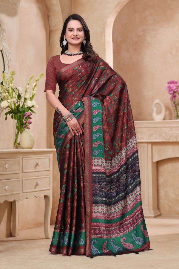 Maroon Floral Printed Mul Cotton Saree for Women Online