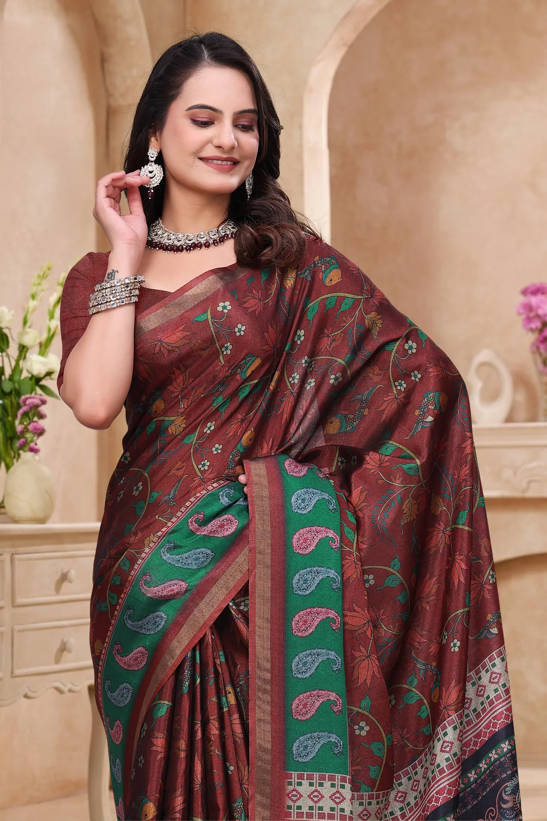Maroon Floral Printed Mul Cotton Saree for Women Online