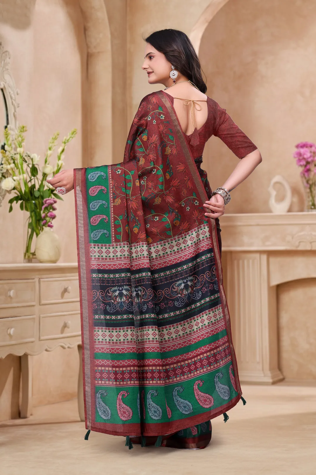 Maroon Floral Printed Mul Cotton Saree for Women Online