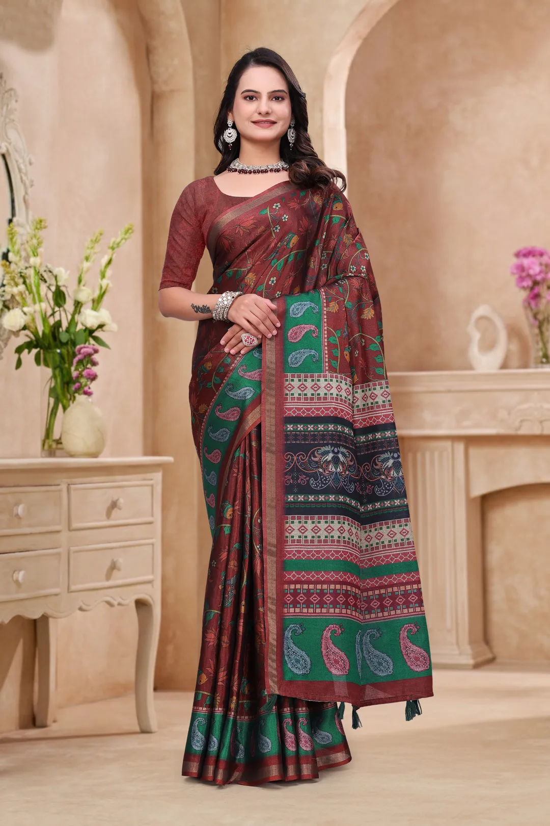 Maroon Floral Printed Mul Cotton Saree for Women Online