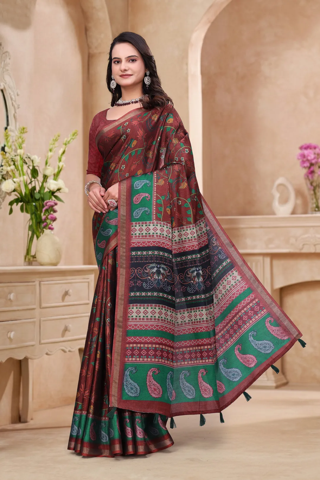 Maroon Floral Printed Mul Cotton Saree for Women Online