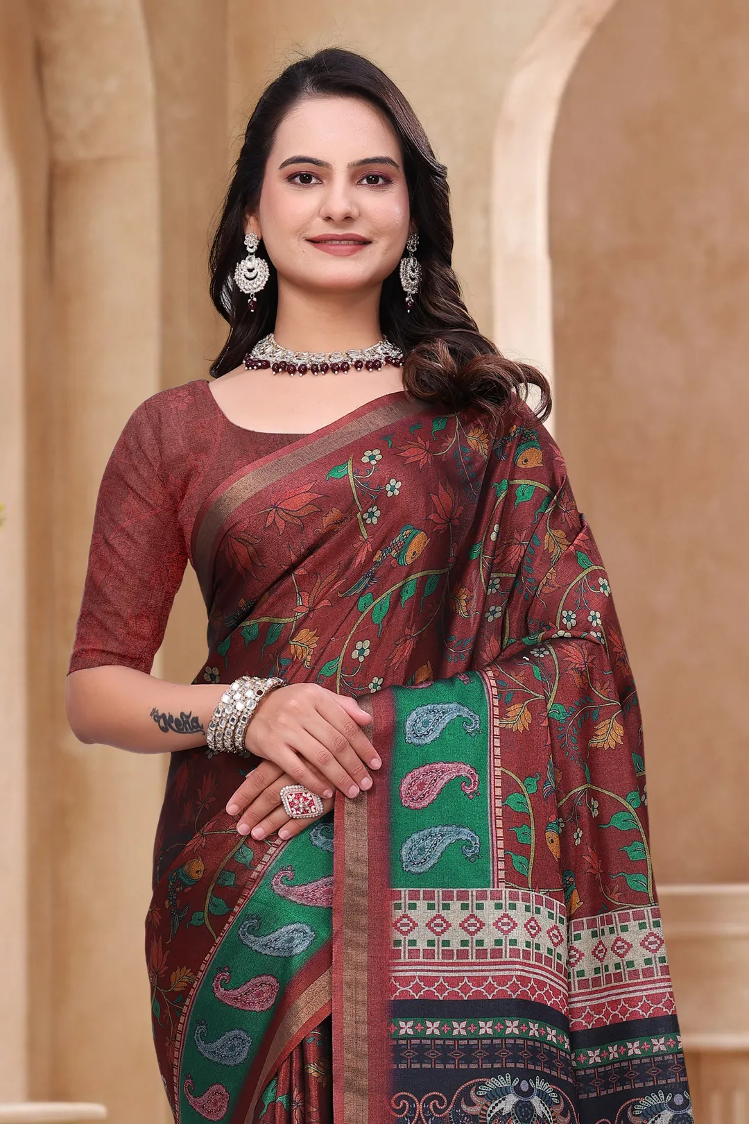 Maroon Floral Printed Mul Cotton Saree for Women Online