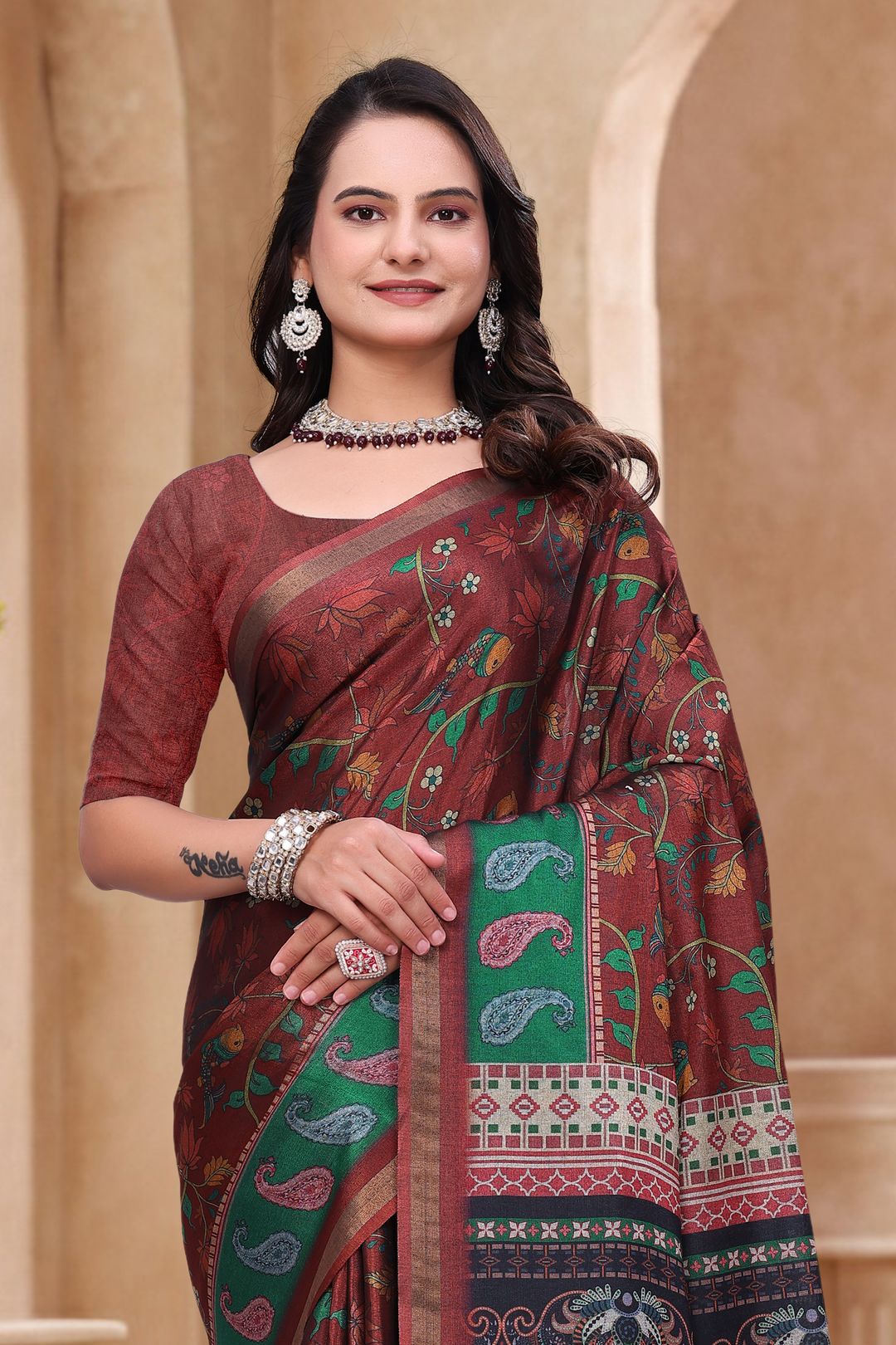 Maroon Floral Printed Mul Cotton Saree for Women Online