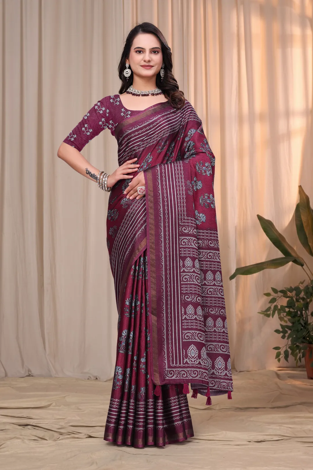 Wine Maroon Printed Mul Cotton Saree with Ornamental Pallu