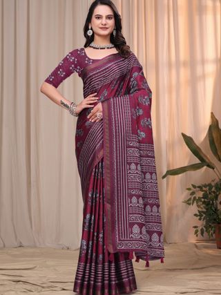 Wine Maroon Printed Mul Cotton Saree with Ornamental Pallu