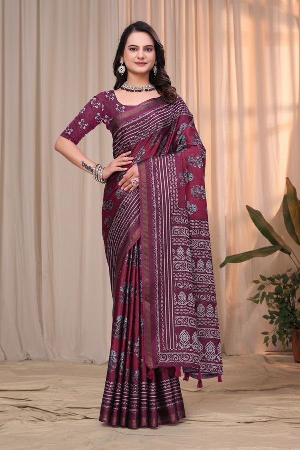 Wine Maroon Printed Mul Cotton Saree with Ornamental Pallu
