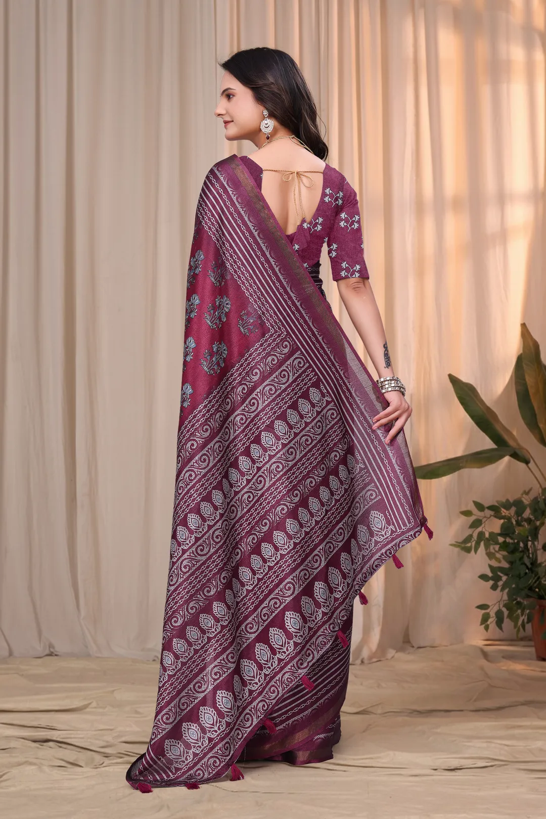 Wine Maroon Printed Mul Cotton Saree with Ornamental Pallu