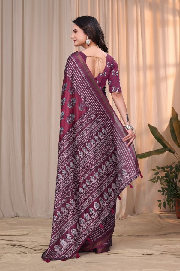 Wine Maroon Printed Mul Cotton Saree with Ornamental Pallu