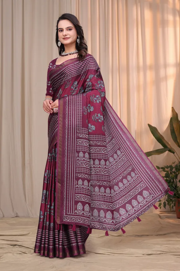Wine Maroon Printed Mul Cotton Saree with Ornamental Pallu