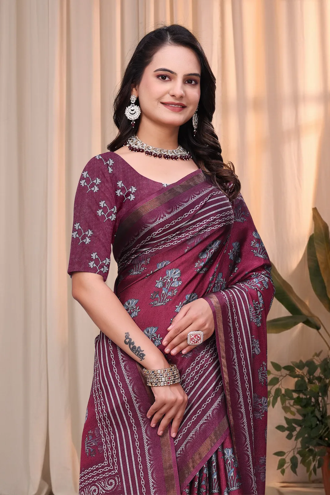 Wine Maroon Printed Mul Cotton Saree with Ornamental Pallu