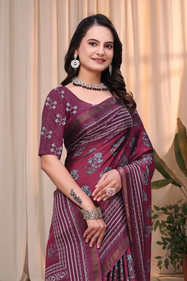 Wine Maroon Printed Mul Cotton Saree with Ornamental Pallu