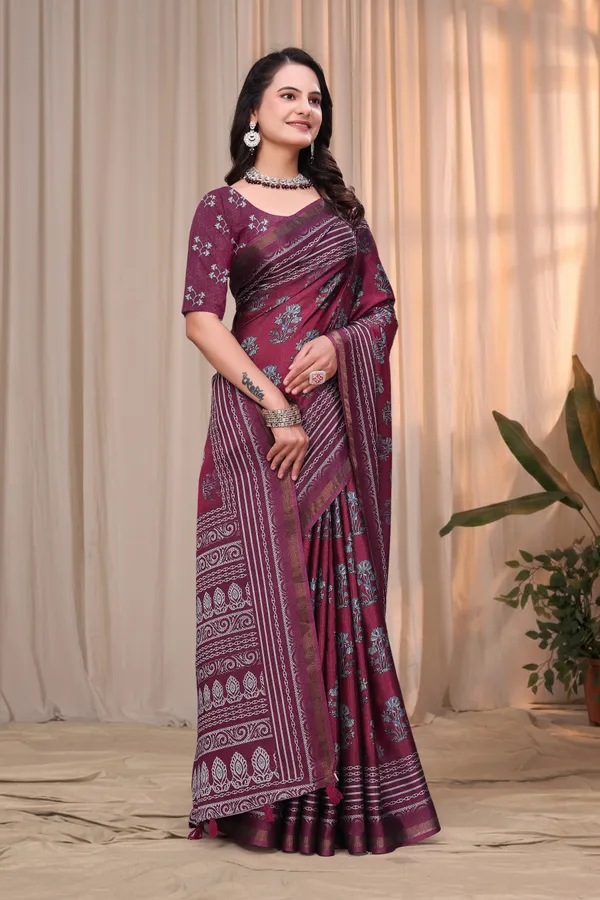 Wine Maroon Printed Mul Cotton Saree with Ornamental Pallu
