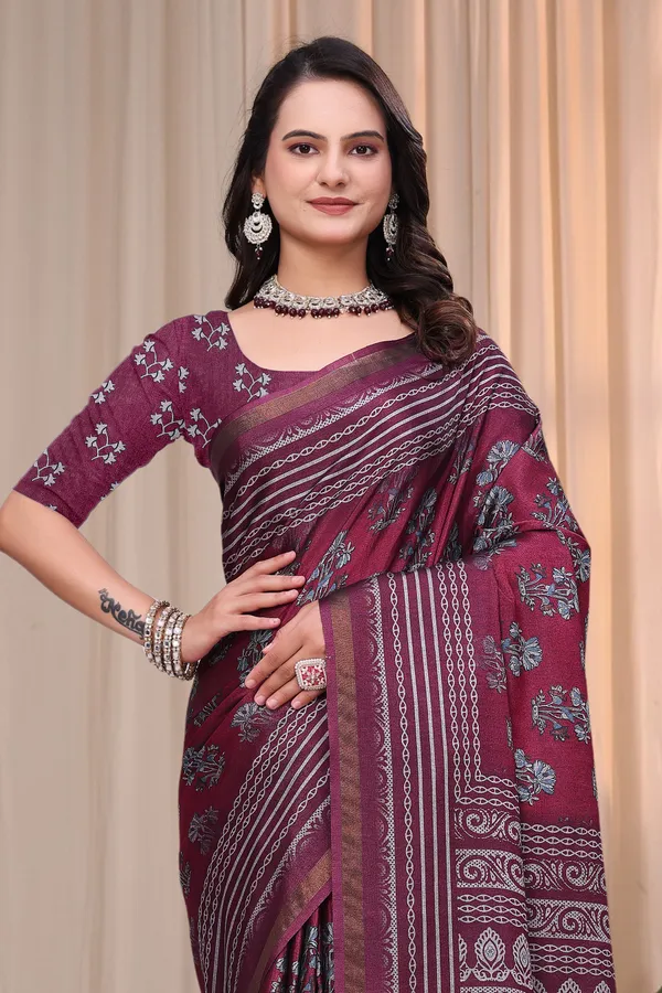 Wine Maroon Printed Mul Cotton Saree with Ornamental Pallu