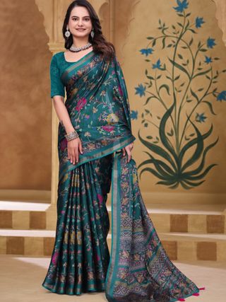 Teal Floral Printed Mul Cotton Saree with Designer Pallu