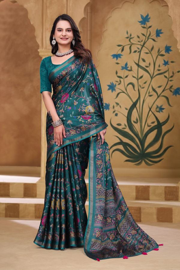 Teal Floral Printed Mul Cotton Saree with Designer Pallu